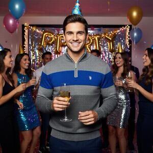 U.S.PoloAssn Y2K GrayBlue Colorblock 1/4Zip LongSleeve Pullover Sweater Men M